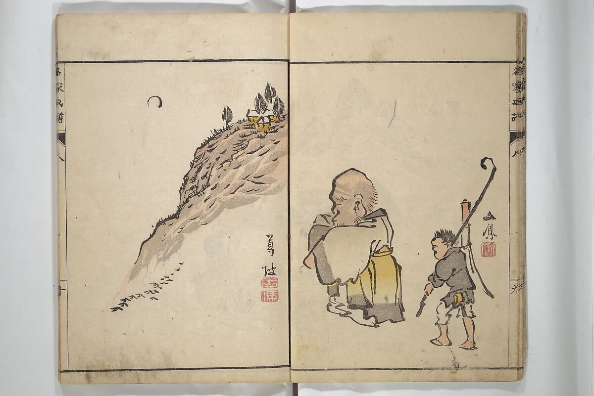 Pictures by Famous Artists (Meika gafu) 名家画譜, Yosa Buson 与謝蕪村 (Japanese, 1716–1783)  , and others, Set of two woodblock printed books; ink and color on paper, Japan