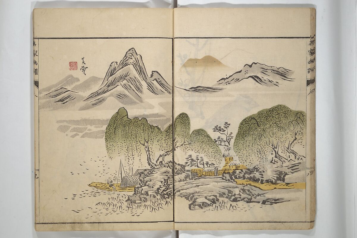 Pictures by Famous Artists (Meika gafu) 名家画譜, Yosa Buson 与謝蕪村 (Japanese, 1716–1783)  , and others, Set of two woodblock printed books; ink and color on paper, Japan