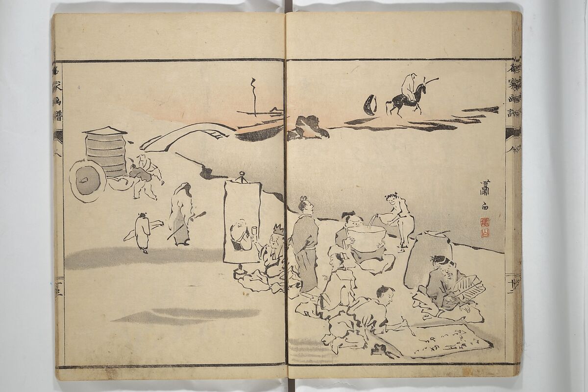 Pictures by Famous Artists (Meika gafu) 名家画譜, Yosa Buson 与謝蕪村 (Japanese, 1716–1783)  , and others, Set of two woodblock printed books; ink and color on paper, Japan