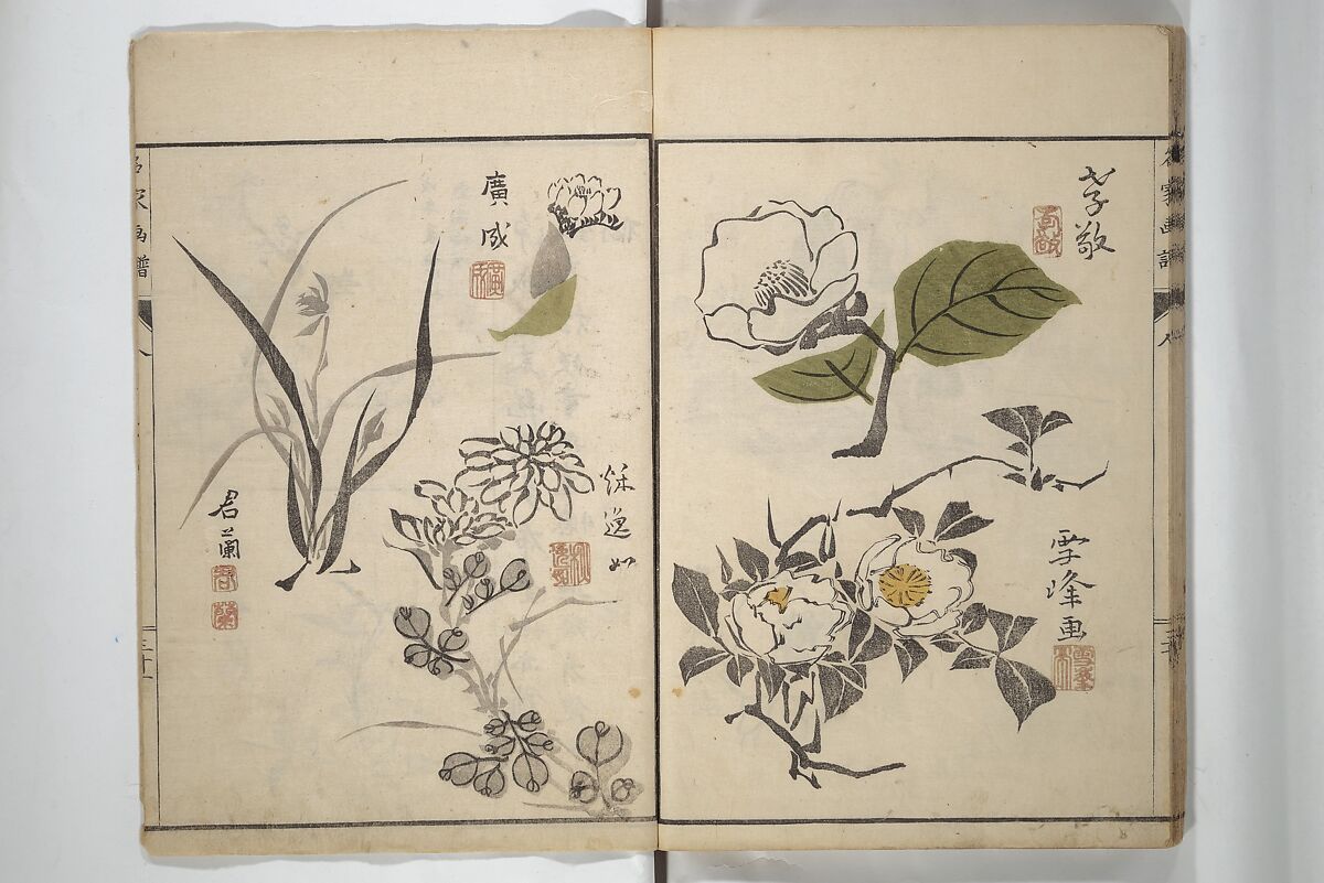 Pictures by Famous Artists (Meika gafu) 名家画譜, Yosa Buson 与謝蕪村 (Japanese, 1716–1783)  , and others, Set of two woodblock printed books; ink and color on paper, Japan