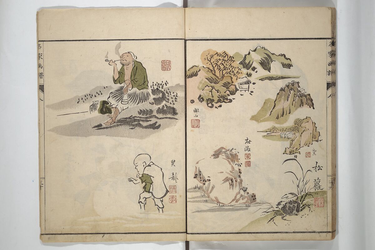Pictures by Famous Artists (Meika gafu) 名家画譜, Yosa Buson 与謝蕪村 (Japanese, 1716–1783)  , and others, Set of two woodblock printed books; ink and color on paper, Japan