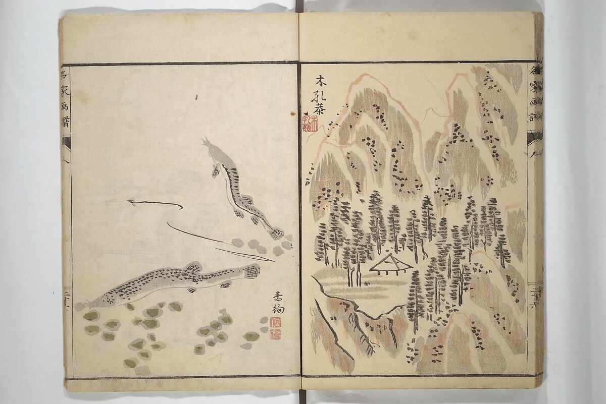 Pictures by Famous Artists (Meika gafu) 名家画譜, Yosa Buson 与謝蕪村 (Japanese, 1716–1783)  , and others, Set of two woodblock printed books; ink and color on paper, Japan