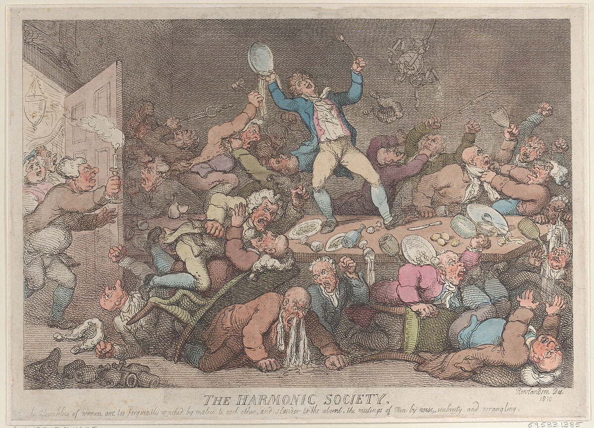 The Harmonic Society, Thomas Rowlandson (British, London 1757–1827 London), Hand-colored etching 