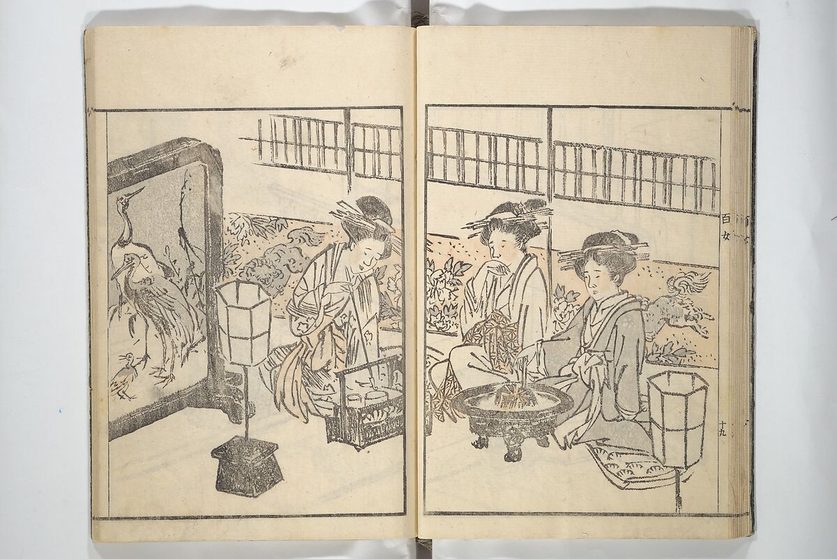 Sketchbook of One Hundred Women (Manga hyakujo) 漫画百女, Aikawa Minwa 合川珉和 (Japanese, active 1806–1821), Woodblock printed book; ink and color on paper, Japan