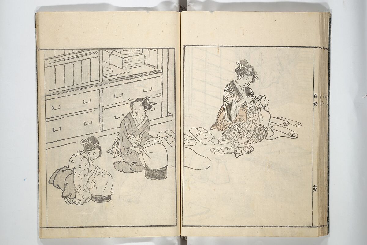 Sketchbook of One Hundred Women (Manga hyakujo) 漫画百女, Aikawa Minwa 合川珉和 (Japanese, active 1806–1821), Woodblock printed book; ink and color on paper, Japan