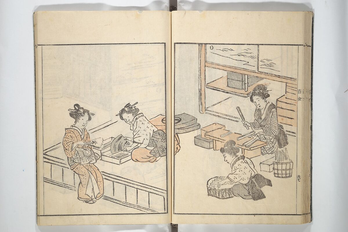 Sketchbook of One Hundred Women (Manga hyakujo) 漫画百女, Aikawa Minwa 合川珉和 (Japanese, active 1806–1821), Woodblock printed book; ink and color on paper, Japan