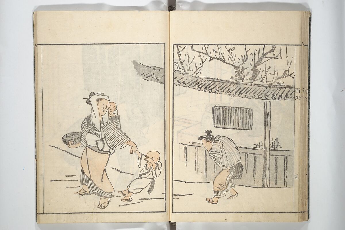 Sketchbook of One Hundred Women (Manga hyakujo) 漫画百女, Aikawa Minwa 合川珉和 (Japanese, active 1806–1821), Woodblock printed book; ink and color on paper, Japan