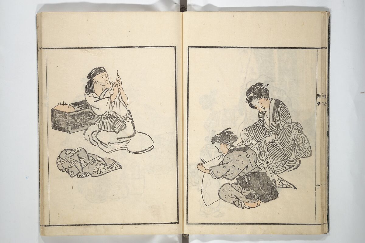 Sketchbook of One Hundred Women (Manga hyakujo) 漫画百女, Aikawa Minwa 合川珉和 (Japanese, active 1806–1821), Woodblock printed book; ink and color on paper, Japan