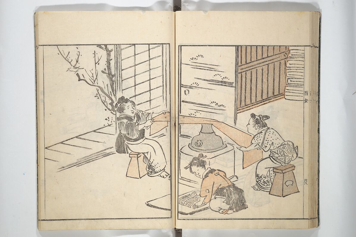 Sketchbook of One Hundred Women (Manga hyakujo) 漫画百女, Aikawa Minwa 合川珉和 (Japanese, active 1806–1821), Woodblock printed book; ink and color on paper, Japan