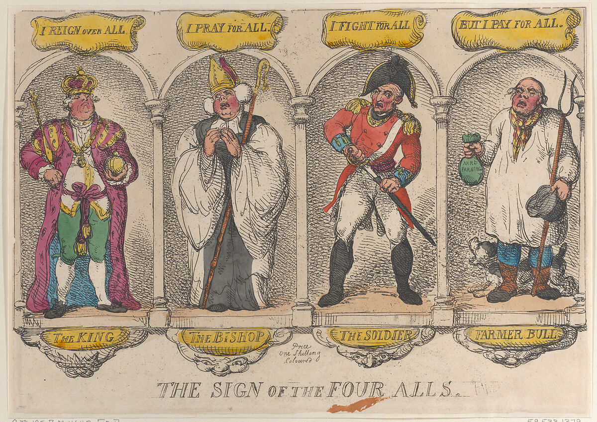 The Sign of the Four Alls, Thomas Rowlandson (British, London 1757–1827 London), Hand-colored etching 