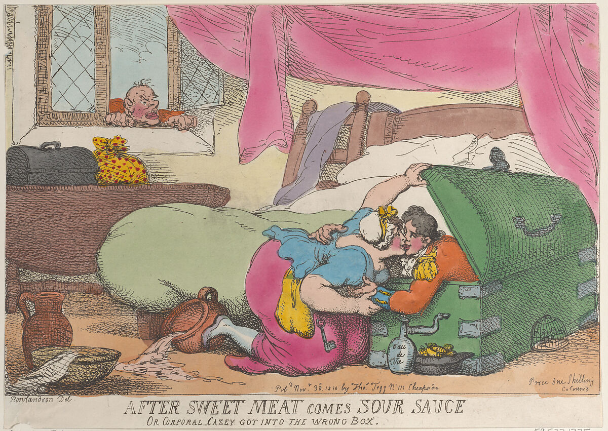 After Sweet Meat Comes Sour Sauce, or Corporal Casey Got into the Wrong Box, Thomas Rowlandson (British, London 1757–1827 London), Hand-colored etching 