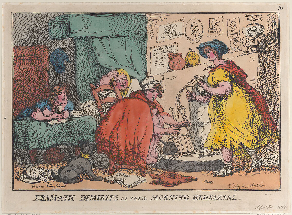 Dram-a-tic Demireps at their Morning Rehearsal, Thomas Rowlandson (British, London 1757–1827 London), Hand-colored etching 
