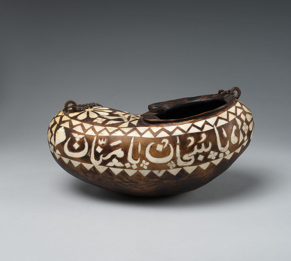 Beggar's Bowl (Kashkul), Wood; inlaid with camel bone