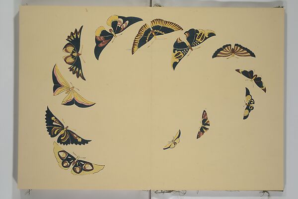 A Thousand Butterflies (Chō senshu)  蝶千種, Kamisaka Sekka 神阪雪佳 (Japanese, 1866–1942), Set of two woodblock printed books (orihon, accordion-style); ink and color on paper, Japan