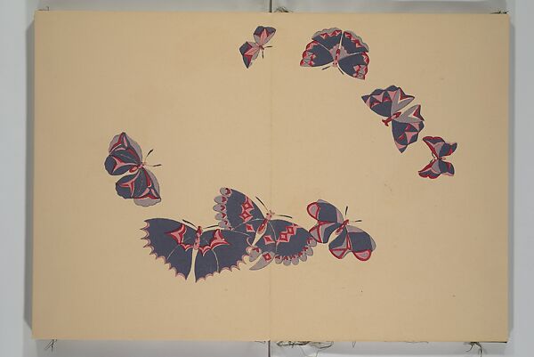 A Thousand Butterflies (Chō senshu)  蝶千種, Kamisaka Sekka 神阪雪佳 (Japanese, 1866–1942), Set of two woodblock printed books (orihon, accordion-style); ink and color on paper, Japan