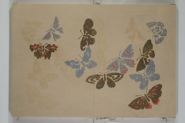 A Thousand Butterflies (Chō senshu)  蝶千種, Kamisaka Sekka 神阪雪佳 (Japanese, 1866–1942), Set of two woodblock printed books (orihon, accordion-style); ink and color on paper, Japan