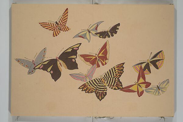 A Thousand Butterflies (Chō senshu)  蝶千種, Kamisaka Sekka 神阪雪佳 (Japanese, 1866–1942), Set of two woodblock printed books (orihon, accordion-style); ink and color on paper, Japan