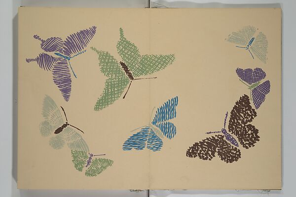 A Thousand Butterflies (Chō senshu)  蝶千種, Kamisaka Sekka 神阪雪佳 (Japanese, 1866–1942), Set of two woodblock printed books (orihon, accordion-style); ink and color on paper, Japan