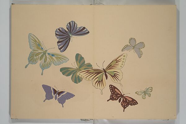 A Thousand Butterflies (Chō senshu)  蝶千種, Kamisaka Sekka 神阪雪佳 (Japanese, 1866–1942), Set of two woodblock printed books (orihon, accordion-style); ink and color on paper, Japan