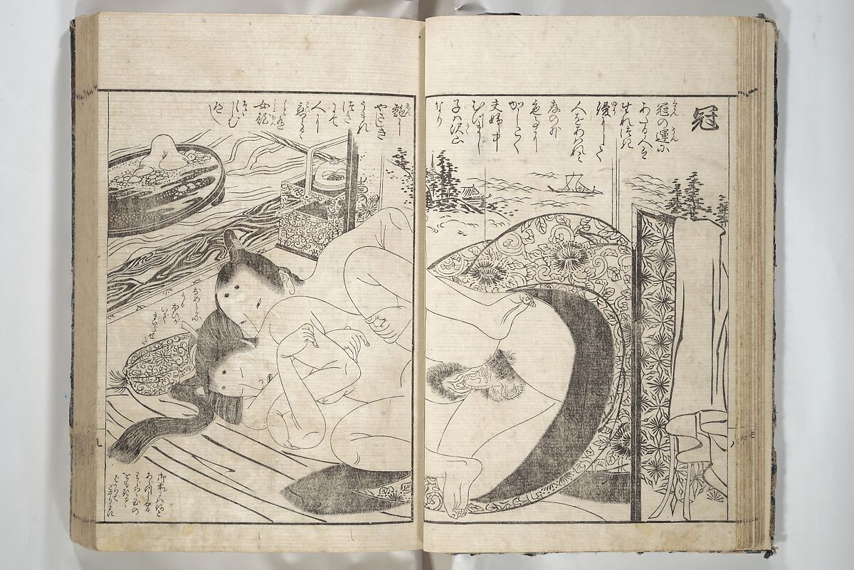 Erotica; Compendium Guide to the Brothels of Osaka (Keiryaku ōzassho gyokumon taisei) 閨暦大雑書玉門大成, Kitao Shigemasa 北尾重政 (Japanese, 1739–1820), Woodblock printed book; ink and color on paper, Japan