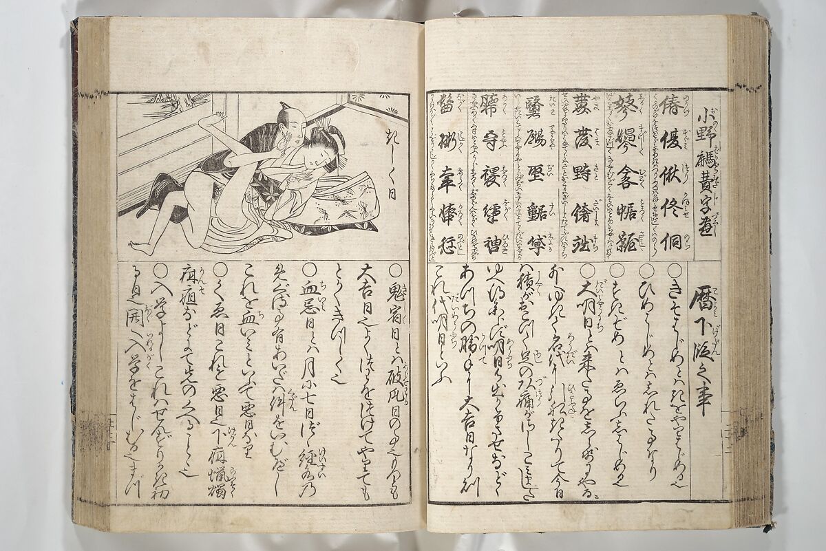 Erotica; Compendium Guide to the Brothels of Osaka (Keiryaku ōzassho gyokumon taisei) 閨暦大雑書玉門大成, Kitao Shigemasa 北尾重政 (Japanese, 1739–1820), Woodblock printed book; ink and color on paper, Japan