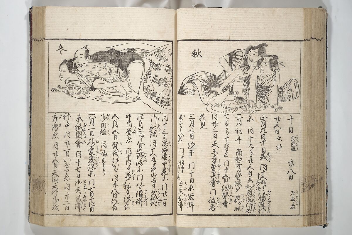 Erotica; Compendium Guide to the Brothels of Osaka (Keiryaku ōzassho gyokumon taisei) 閨暦大雑書玉門大成, Kitao Shigemasa 北尾重政 (Japanese, 1739–1820), Woodblock printed book; ink and color on paper, Japan