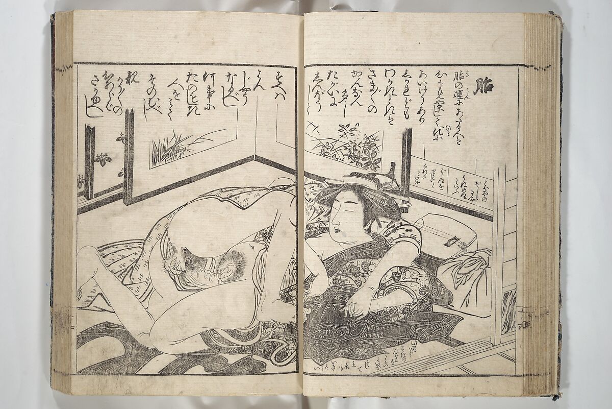 Erotica; Compendium Guide to the Brothels of Osaka (Keiryaku ōzassho gyokumon taisei) 閨暦大雑書玉門大成, Kitao Shigemasa 北尾重政 (Japanese, 1739–1820), Woodblock printed book; ink and color on paper, Japan
