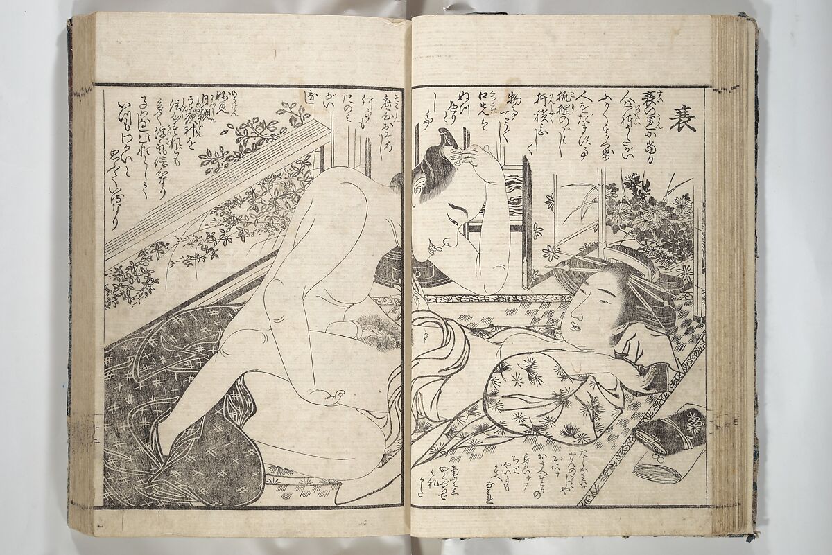 Erotica; Compendium Guide to the Brothels of Osaka (Keiryaku ōzassho gyokumon taisei) 閨暦大雑書玉門大成, Kitao Shigemasa 北尾重政 (Japanese, 1739–1820), Woodblock printed book; ink and color on paper, Japan