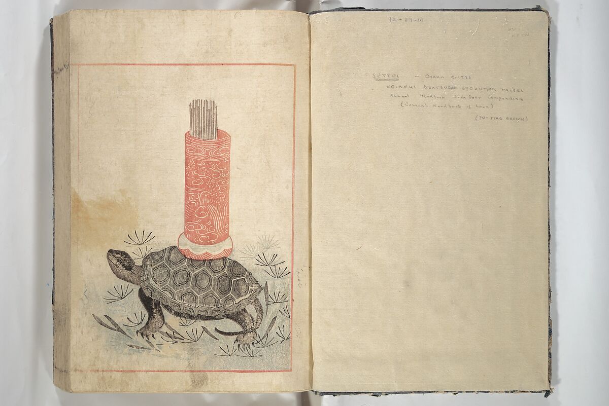 Erotica; Compendium Guide to the Brothels of Osaka (Keiryaku ōzassho gyokumon taisei) 閨暦大雑書玉門大成, Kitao Shigemasa 北尾重政 (Japanese, 1739–1820), Woodblock printed book; ink and color on paper, Japan