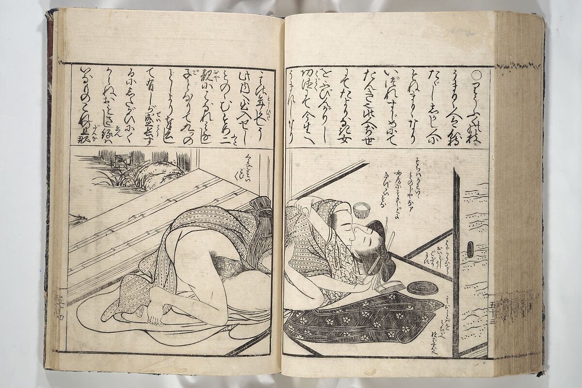 Erotica; Compendium Guide to the Brothels of Osaka (Keiryaku ōzassho gyokumon taisei) 閨暦大雑書玉門大成, Kitao Shigemasa 北尾重政 (Japanese, 1739–1820), Woodblock printed book; ink and color on paper, Japan