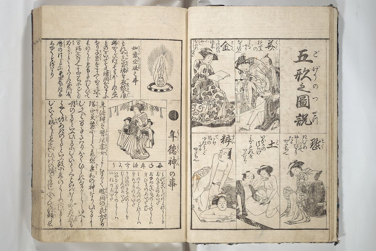 Erotica; Compendium Guide to the Brothels of Osaka (Keiryaku ōzassho gyokumon taisei) 閨暦大雑書玉門大成, Kitao Shigemasa 北尾重政 (Japanese, 1739–1820), Woodblock printed book; ink and color on paper, Japan