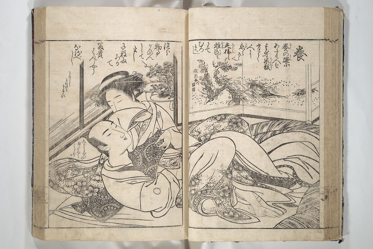 Erotica; Compendium Guide to the Brothels of Osaka (Keiryaku ōzassho gyokumon taisei) 閨暦大雑書玉門大成, Kitao Shigemasa 北尾重政 (Japanese, 1739–1820), Woodblock printed book; ink and color on paper, Japan