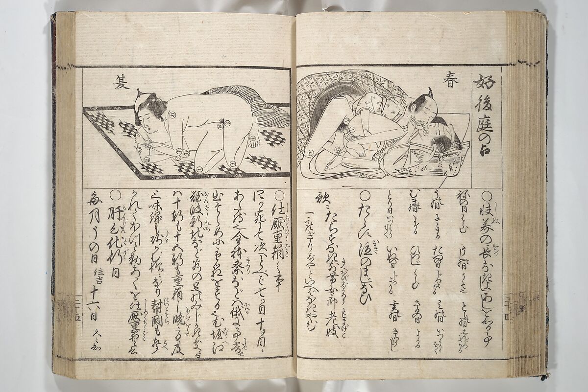 Erotica; Compendium Guide to the Brothels of Osaka (Keiryaku ōzassho gyokumon taisei) 閨暦大雑書玉門大成, Kitao Shigemasa 北尾重政 (Japanese, 1739–1820), Woodblock printed book; ink and color on paper, Japan