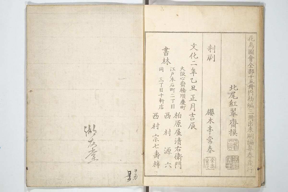 True Depictions of Bird and Flower Pictures (Kachōe shashin zui) 花鳥写真図彙; 花鳥写真図会(かちょうえ しゃしん ずえ), Kitao Shigemasa 北尾重政 (Japanese, 1739–1820), Set of three woodblock printed books; ink on paper, Japan