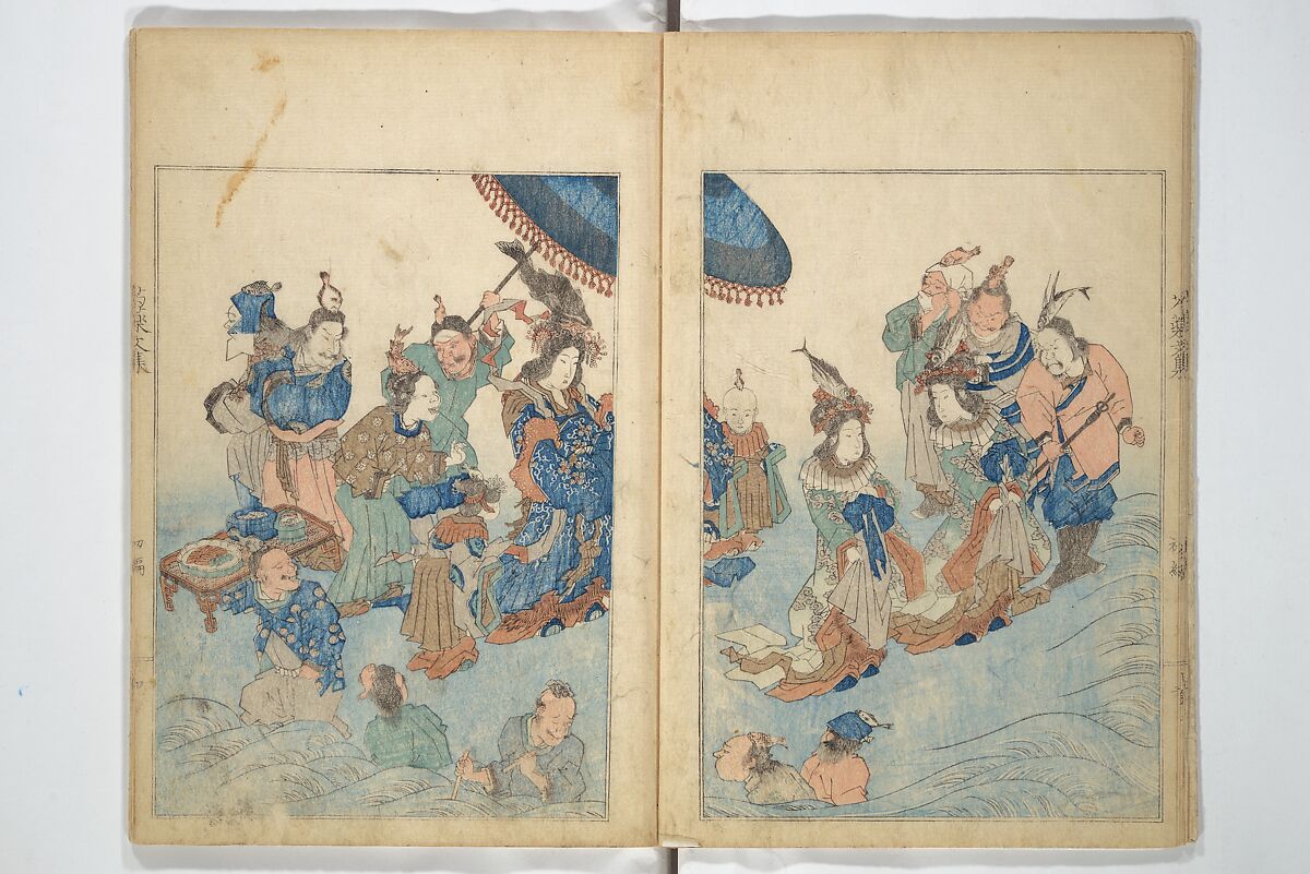 Collection of Famous Kyōka Poems Selected by Shakuyakutei (Shakuyakutei bunshū shohen)  芍薬亭文集初編, Shakuyakutei Nagane 芍薬亭長根 (Japanese, 1767–1845), Set of three woodblock printed books; ink and color on paper, Japan