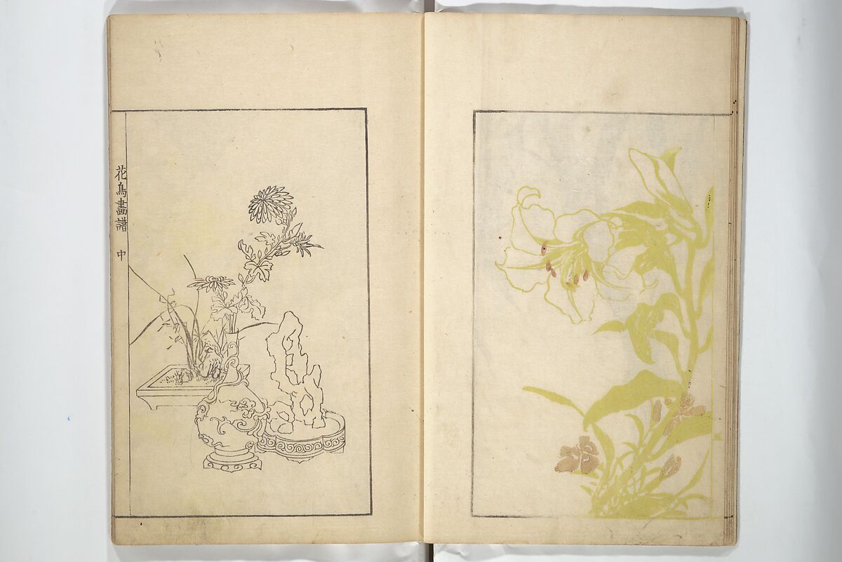 Sō Shiseki Picture Album (Sō Shiseki gafu)  宋紫石画譜, Sō Shiseki 宋紫石 (Japanese, 1715–1786), Set of three woodblock printed books; ink, color, and hand-coloring (vol. 2) on paper, Japan