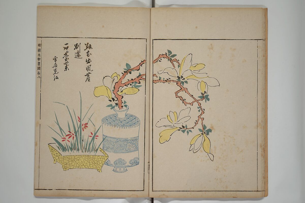 A Collection of Lively Sketches [Of Flowers and Insects] of the Ming Dynasty (Minchō shiken) 明朝紫硯, Ooka Shunboku 大岡春卜 (1680–1763), Set of three woodblock printed books; ink and color on paper, Japan