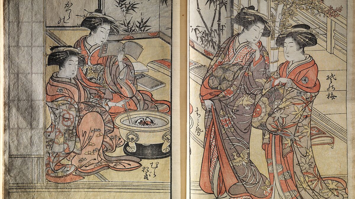 Mirror of Yoshiwara Beauties (Seirō bijin awase sugata kagami) 青楼美人合姿鏡, Katsukawa Shunshō　勝川春章 (Japanese, 1726–1792), Woodblock printed book; ink, color, and mica on paper, Japan
