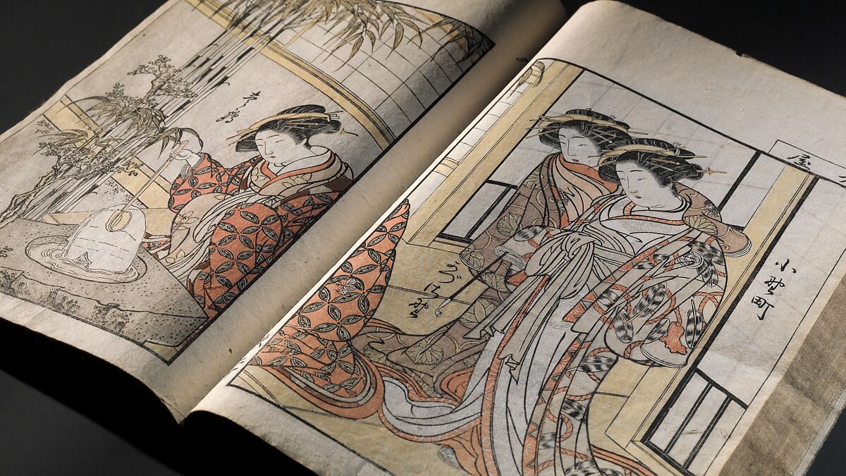 Mirror of Yoshiwara Beauties (Seirō bijin awase sugata kagami) 青楼美人合姿鏡, Katsukawa Shunshō　勝川春章 (Japanese, 1726–1792), Woodblock printed book; ink, color, and mica on paper, Japan