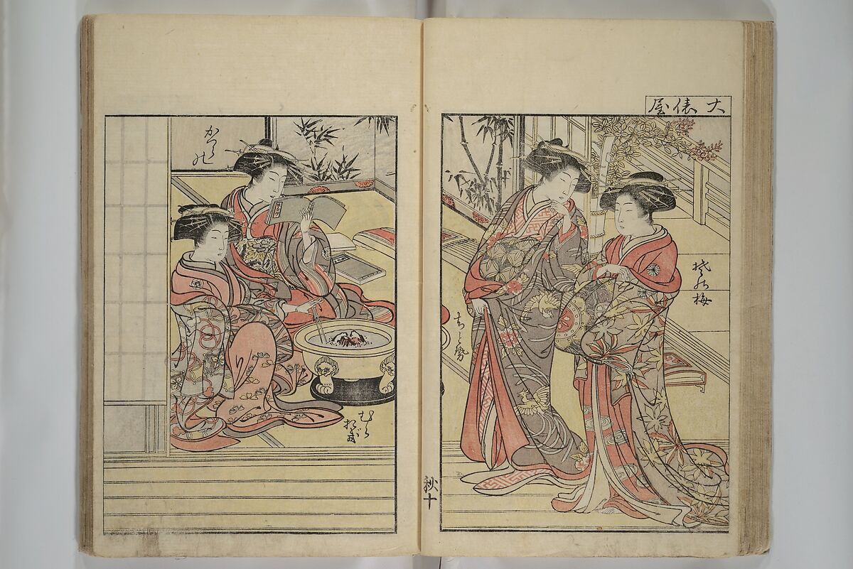 Mirror of Yoshiwara Beauties (Seirō bijin awase sugata kagami) 青楼美人合姿鏡, Katsukawa Shunshō　勝川春章 (Japanese, 1726–1792), Woodblock printed book; ink, color, and mica on paper, Japan