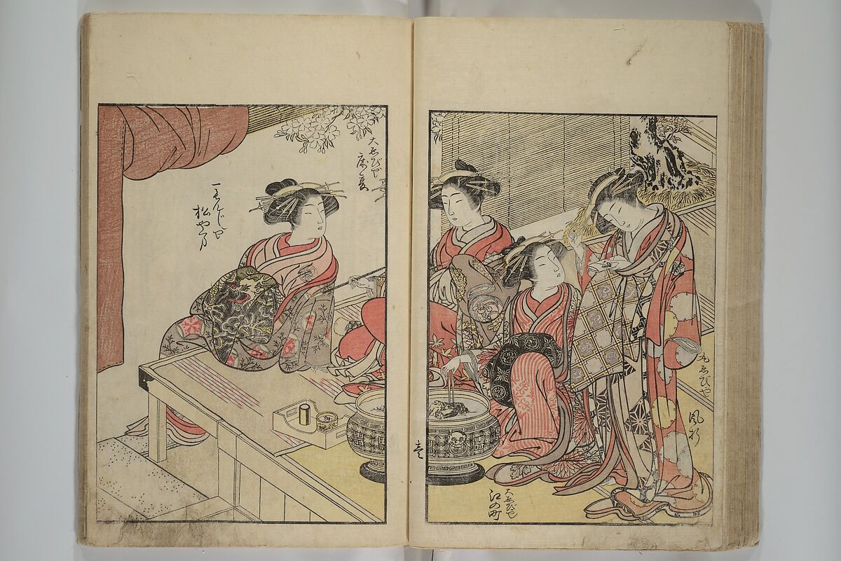 Mirror of Yoshiwara Beauties (Seirō bijin awase sugata kagami) 青楼美人合姿鏡, Katsukawa Shunshō　勝川春章 (Japanese, 1726–1792), Woodblock printed book; ink, color, and mica on paper, Japan