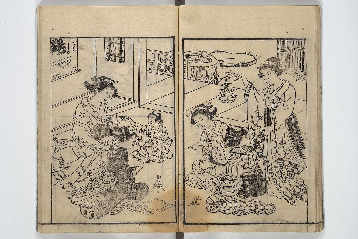 A Thousand Cranes and How to Fold Them (Senbazuru orikata) 千羽鶴折形; 秘伝千羽鶴折形, Attributed to Shimokōbe Shūsui 下河辺 拾水 (Japanese, died 1797), Woodblock printed book; ink on paper, Japan