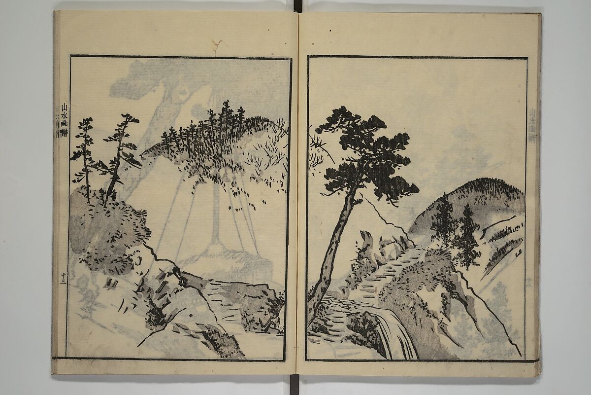 Soken Landscape Picture Album (Soken sansui gafu) 素絢山水画譜, Yamaguchi Soken 山口素絢 (Japanese, 1759–1818), Set of two woodblock printed books; ink and hand-coloring (vol. 2) on paper, Japan