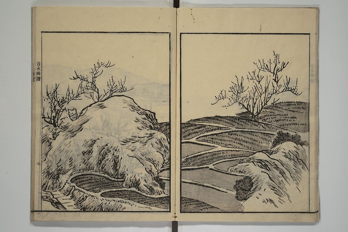 Soken Landscape Picture Album (Soken sansui gafu) 素絢山水画譜, Yamaguchi Soken 山口素絢 (Japanese, 1759–1818), Set of two woodblock printed books; ink and hand-coloring (vol. 2) on paper, Japan