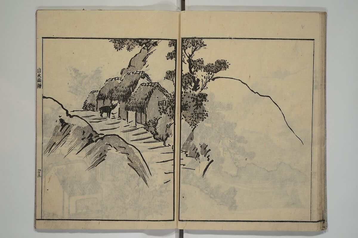 Soken Landscape Picture Album (Soken sansui gafu) 素絢山水画譜, Yamaguchi Soken 山口素絢 (Japanese, 1759–1818), Set of two woodblock printed books; ink and hand-coloring (vol. 2) on paper, Japan