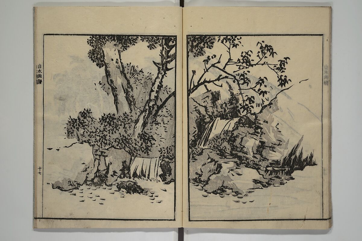 Soken Landscape Picture Album (Soken sansui gafu) 素絢山水画譜, Yamaguchi Soken 山口素絢 (Japanese, 1759–1818), Set of two woodblock printed books; ink and hand-coloring (vol. 2) on paper, Japan