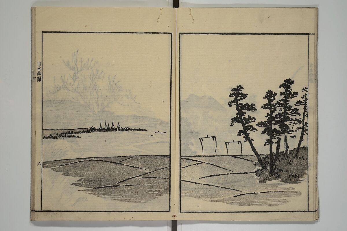 Soken Landscape Picture Album (Soken sansui gafu) 素絢山水画譜, Yamaguchi Soken 山口素絢 (Japanese, 1759–1818), Set of two woodblock printed books; ink and hand-coloring (vol. 2) on paper, Japan