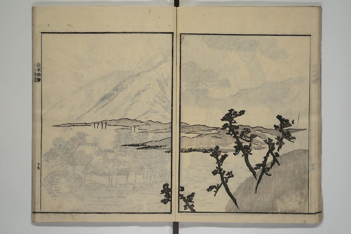 Soken Landscape Picture Album (Soken sansui gafu) 素絢山水画譜, Yamaguchi Soken 山口素絢 (Japanese, 1759–1818), Set of two woodblock printed books; ink and hand-coloring (vol. 2) on paper, Japan