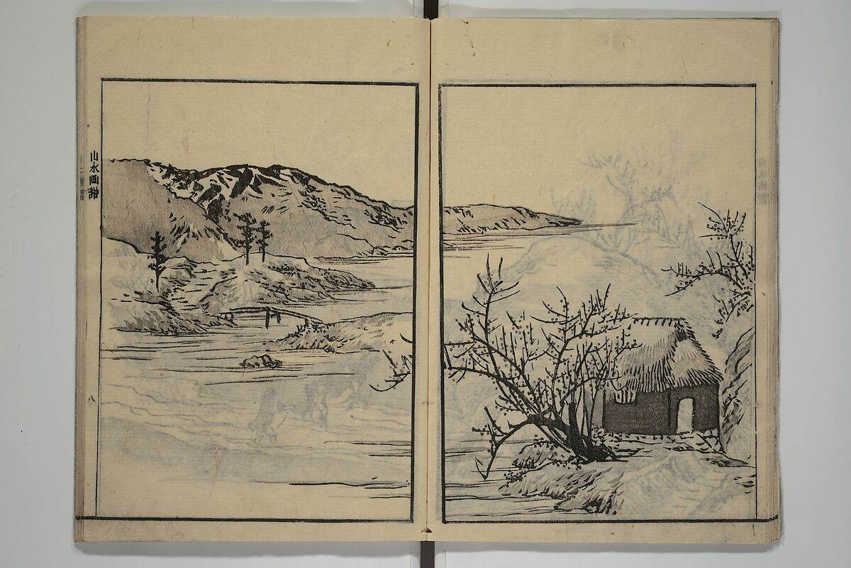 Soken Landscape Picture Album (Soken sansui gafu) 素絢山水画譜, Yamaguchi Soken 山口素絢 (Japanese, 1759–1818), Set of two woodblock printed books; ink and hand-coloring (vol. 2) on paper, Japan