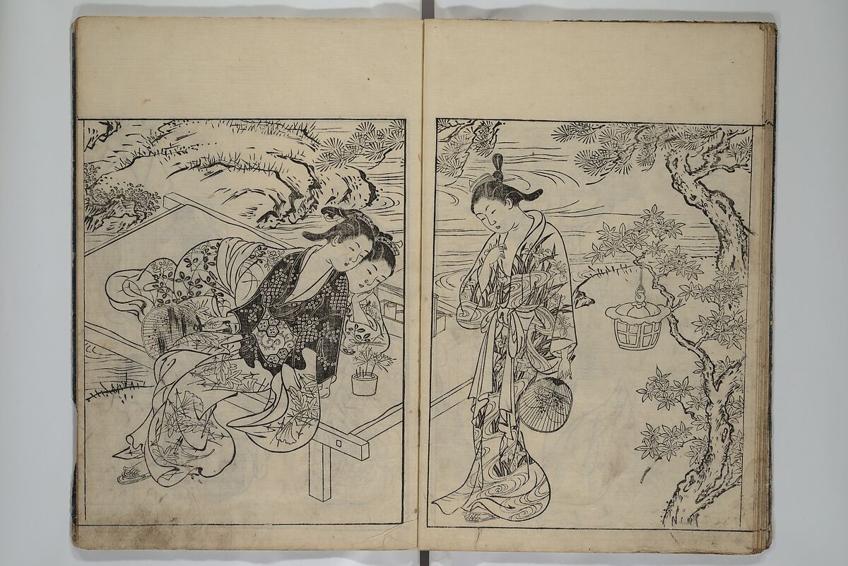 Picture Book of the Evergreens (Ehon tokiwagusa) 繪本常盤草, Nishikawa Sukenobu 西川祐信 (Japanese, 1671–1750), Woodblock-printed book; ink and hand-coloring on paper, Japan